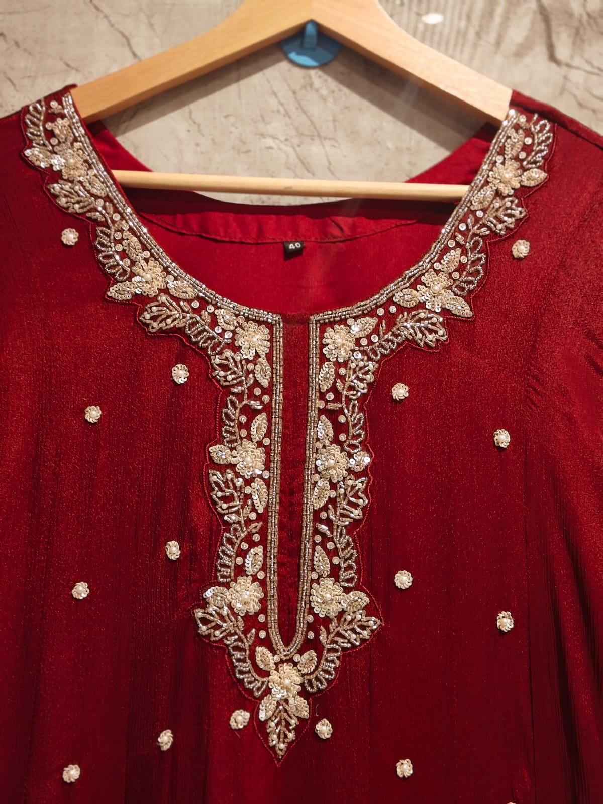 Maroon Anarkali chinnon handwork party ware Kurtha 567
