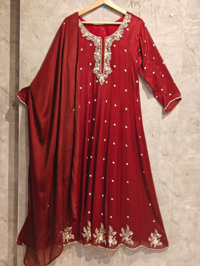 Maroon Anarkali chinnon handwork party ware Kurtha 567