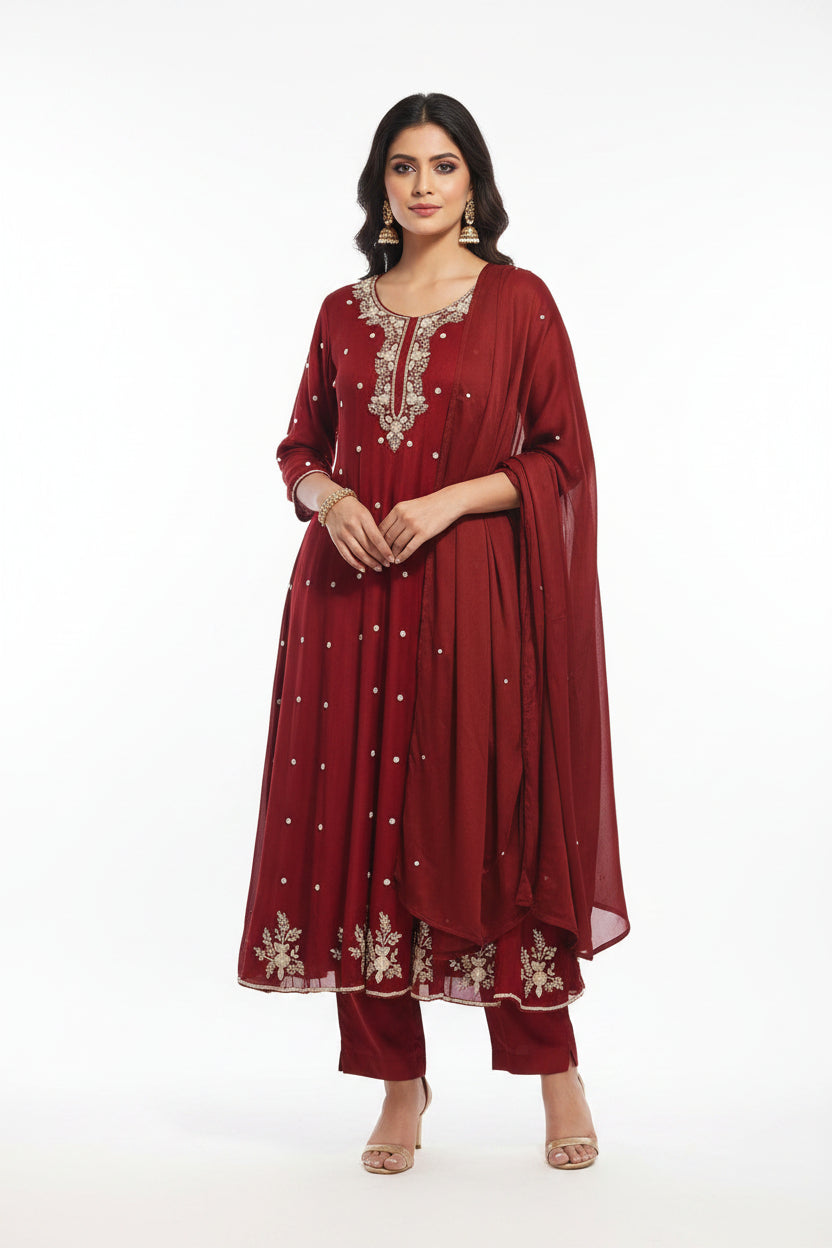 Maroon Anarkali chinnon handwork party ware Kurtha 567
