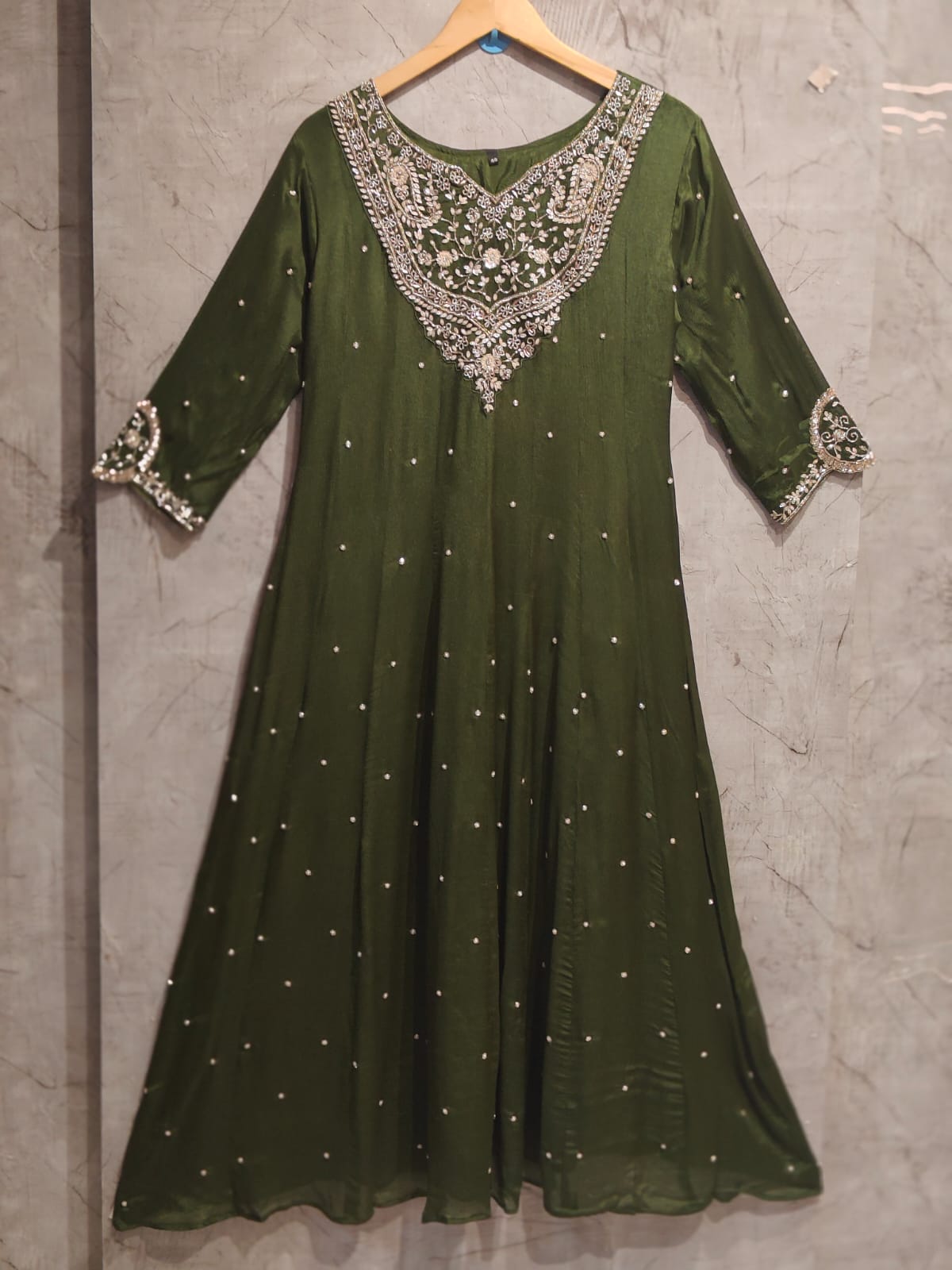 Mehandi Green  Anarkali Chinnon Handwork Partyware Kurtha 366
