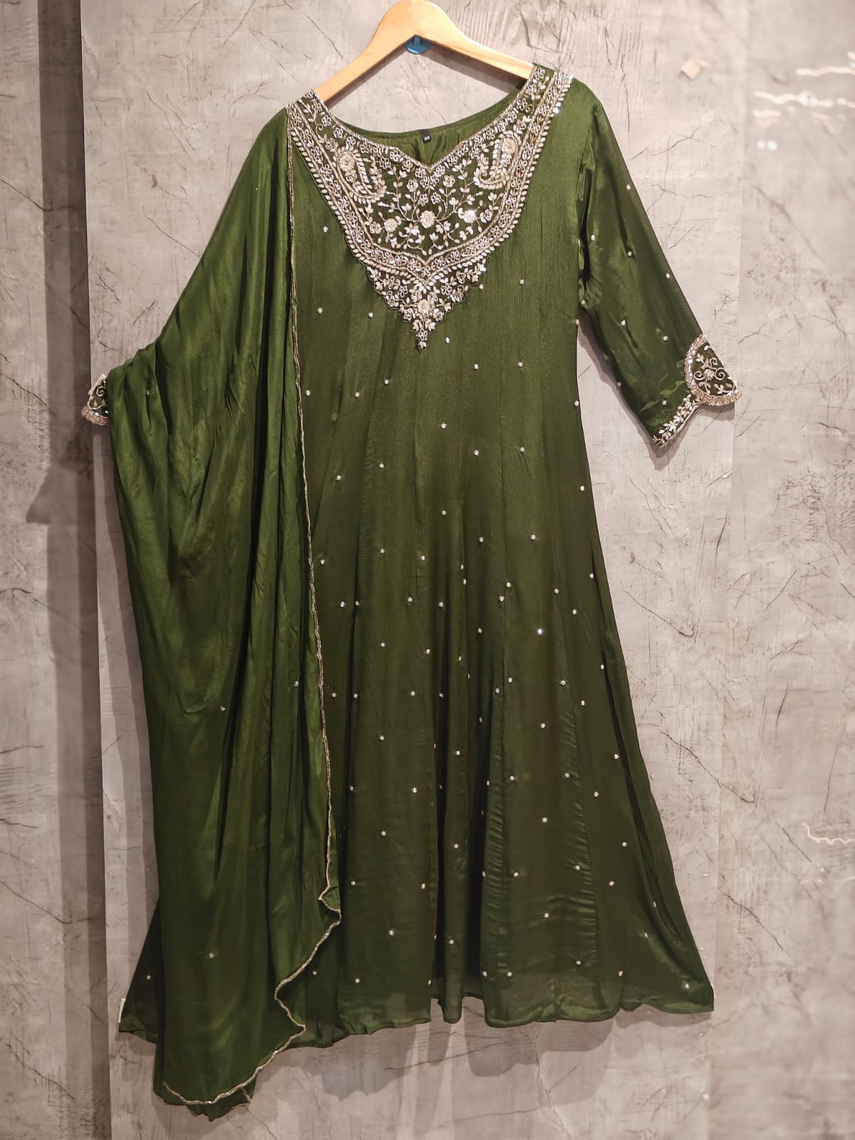 Mehandi Green  Anarkali Chinnon Handwork Partyware Kurtha 366