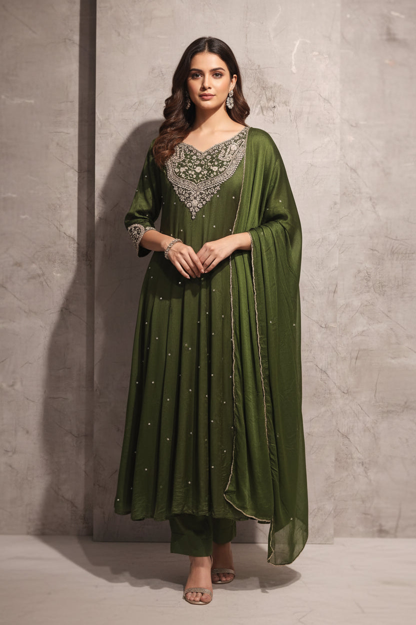 Mehandi Green  Anarkali Chinnon Handwork Partyware Kurtha 567