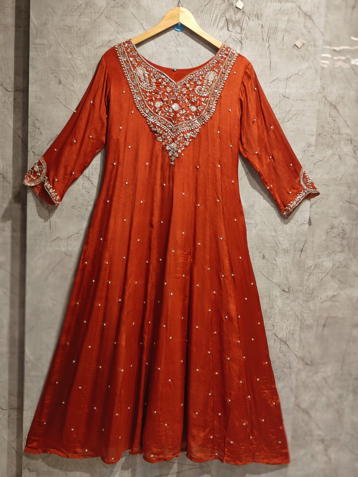 Orange Anarkali Chinnon Handwork Partyware Kurtha 366