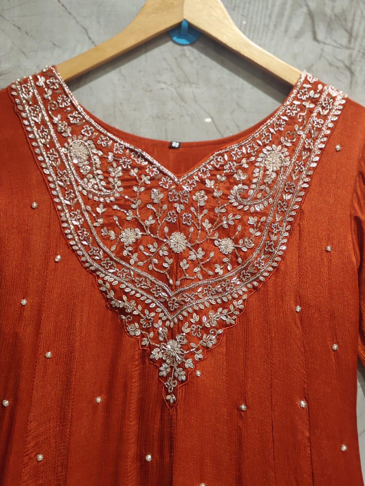 Orange Anarkali Chinnon Handwork Partyware Kurtha 366