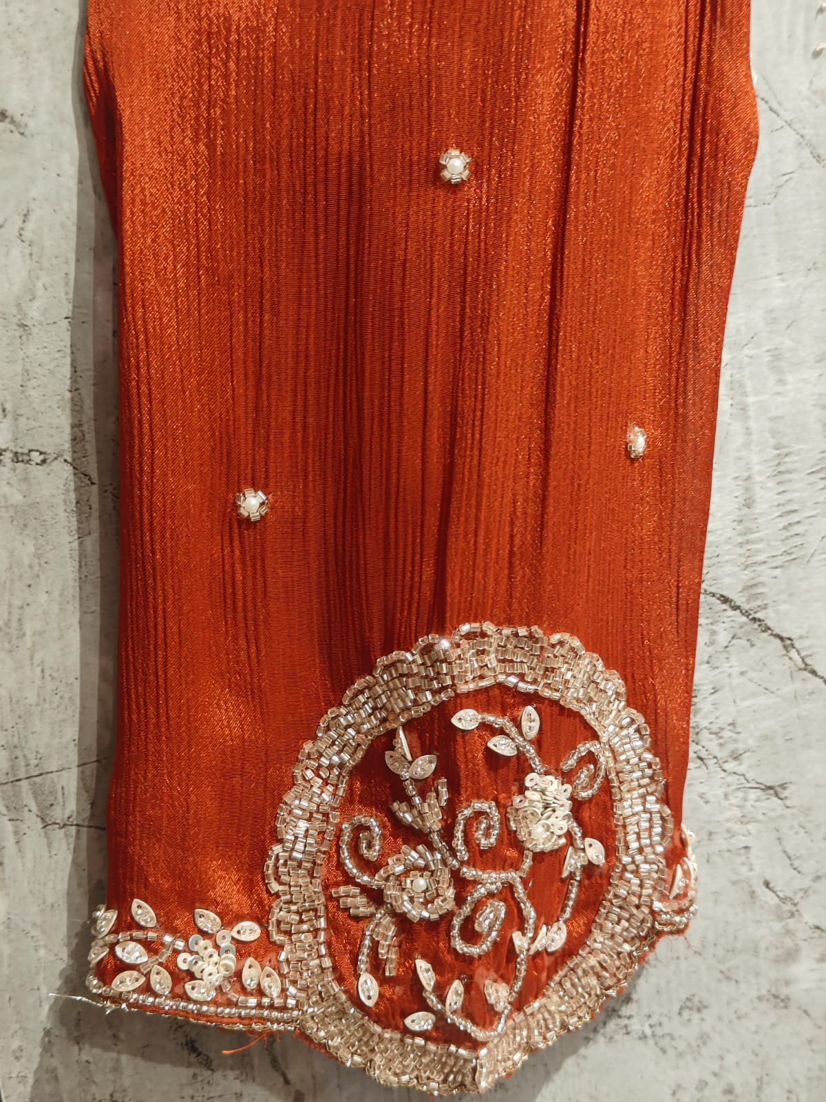 Orange Anarkali Chinnon Handwork Partyware Kurtha 366
