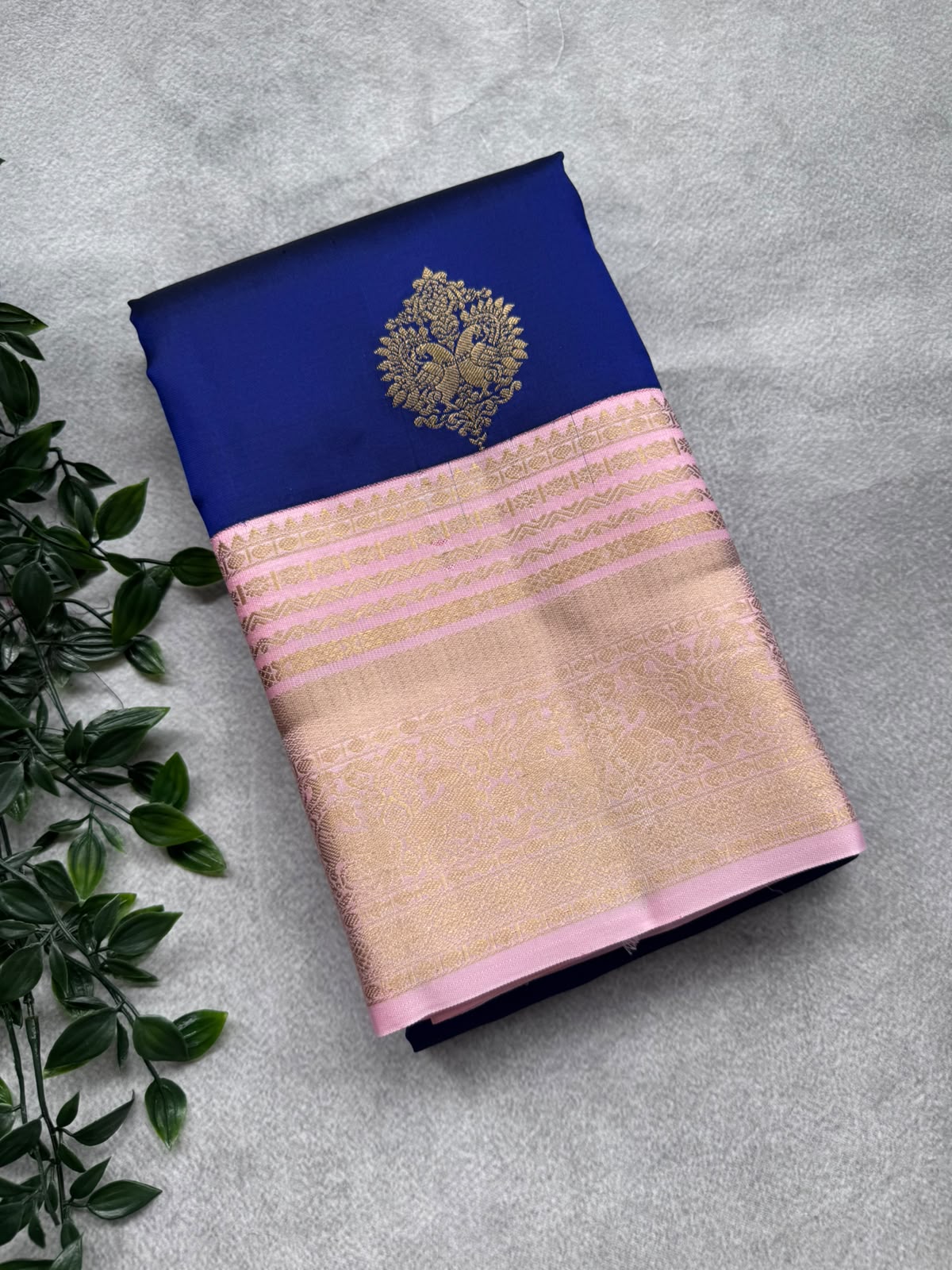 Navy Blue Pure Kanchi Silk Saree (Weaving Mistake)