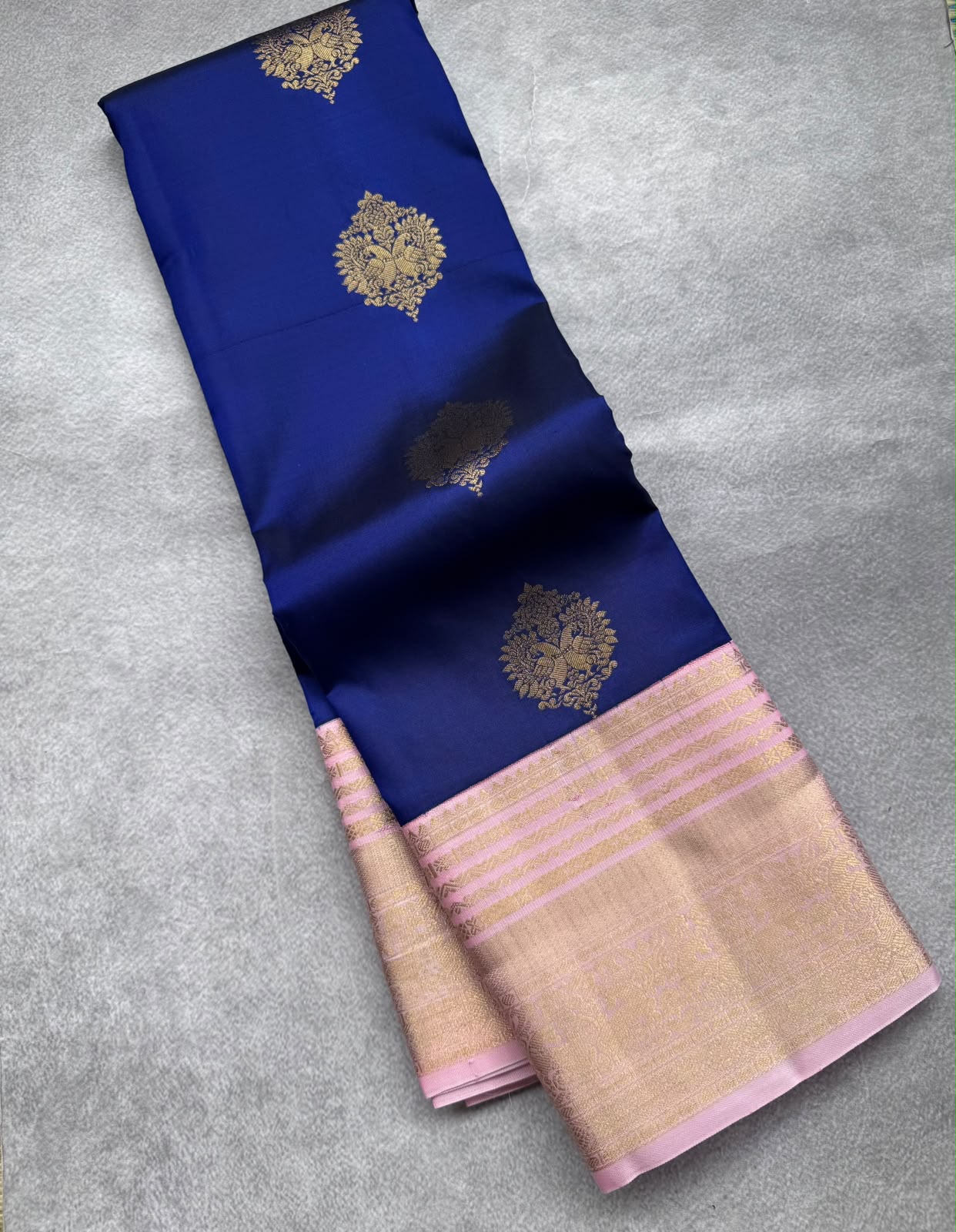Navy Blue Pure Kanchi Silk Saree (Weaving Mistake)