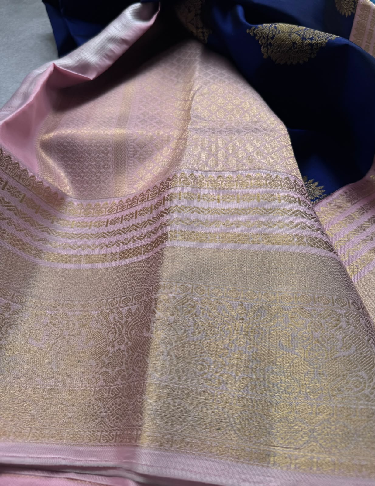 Navy Blue Pure Kanchi Silk Saree (Weaving Mistake)