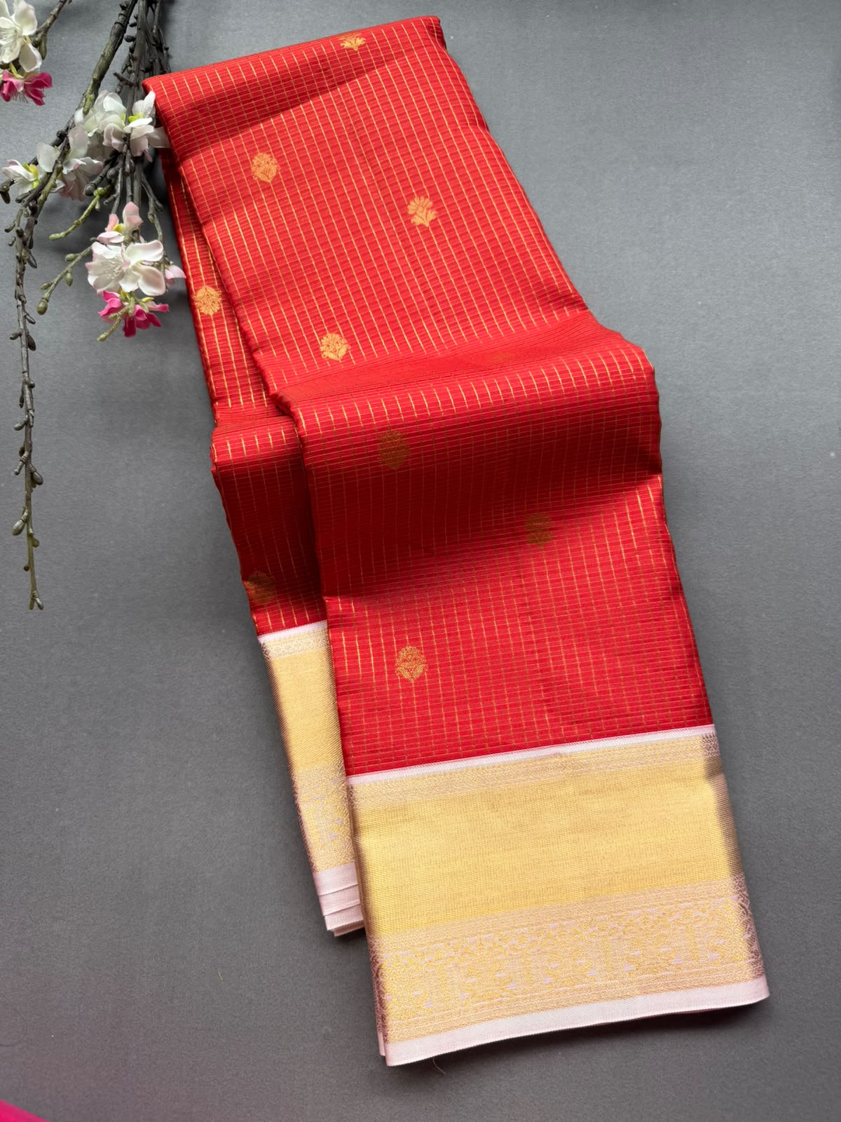 Red Checks Pure Kanchi Silk Saree (Weaving Mistake)