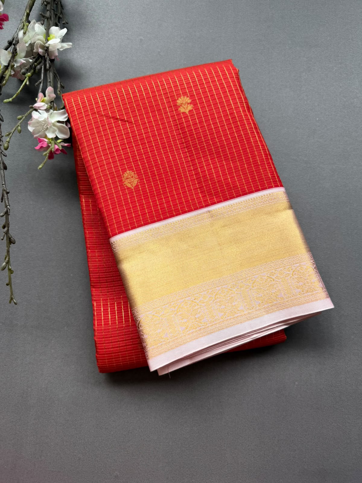Red Checks Pure Kanchi Silk Saree (Weaving Mistake)