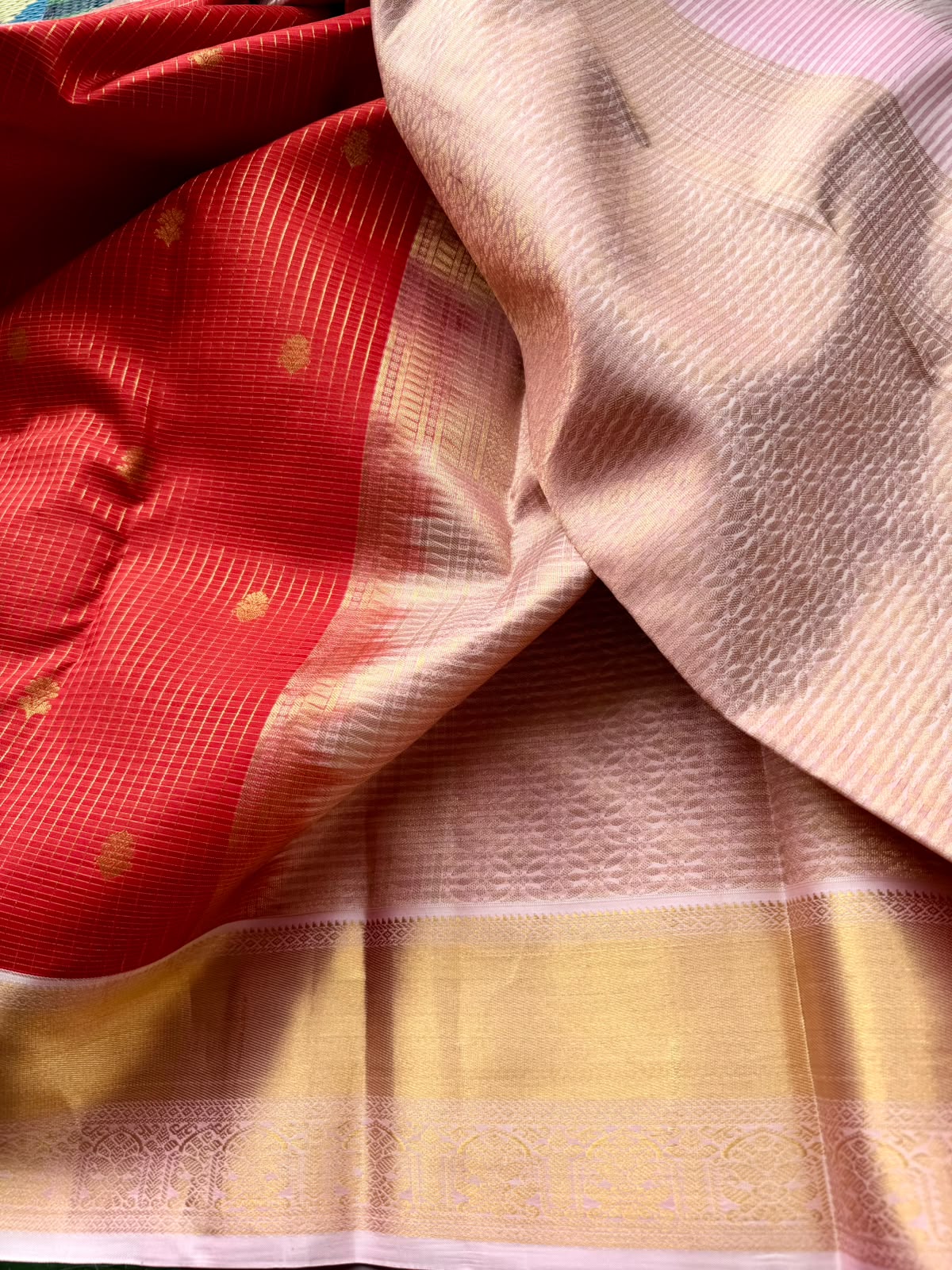 Red Checks Pure Kanchi Silk Saree (Weaving Mistake)