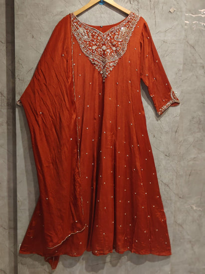 Orange Anarkali Chinnon Handwork Partyware Kurtha 366
