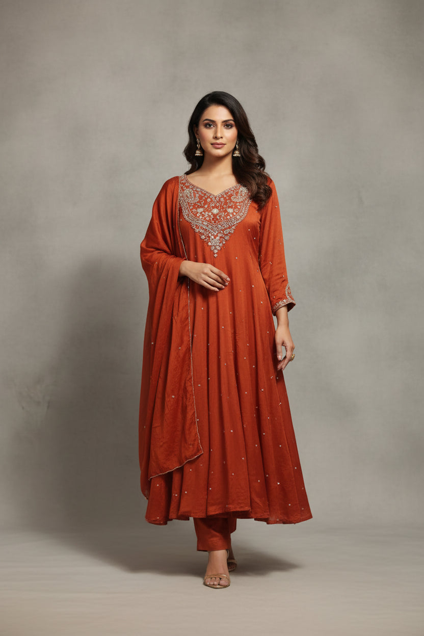 Orange Anarkali Chinnon Handwork Partyware Kurtha 567