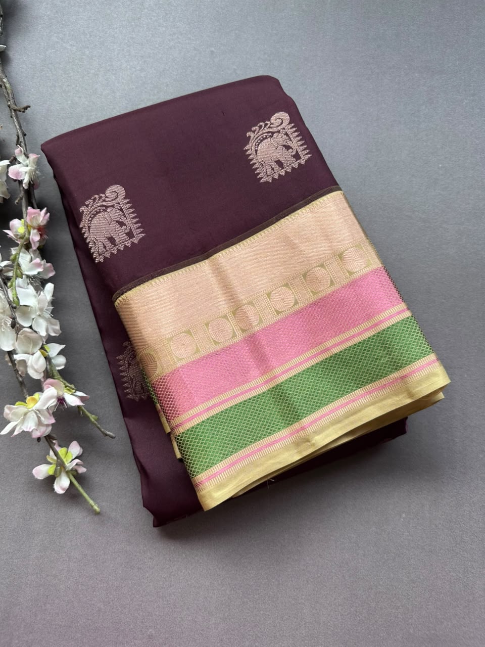 Brown Pure Kanchi Silk Saree (Weaving Mistake)