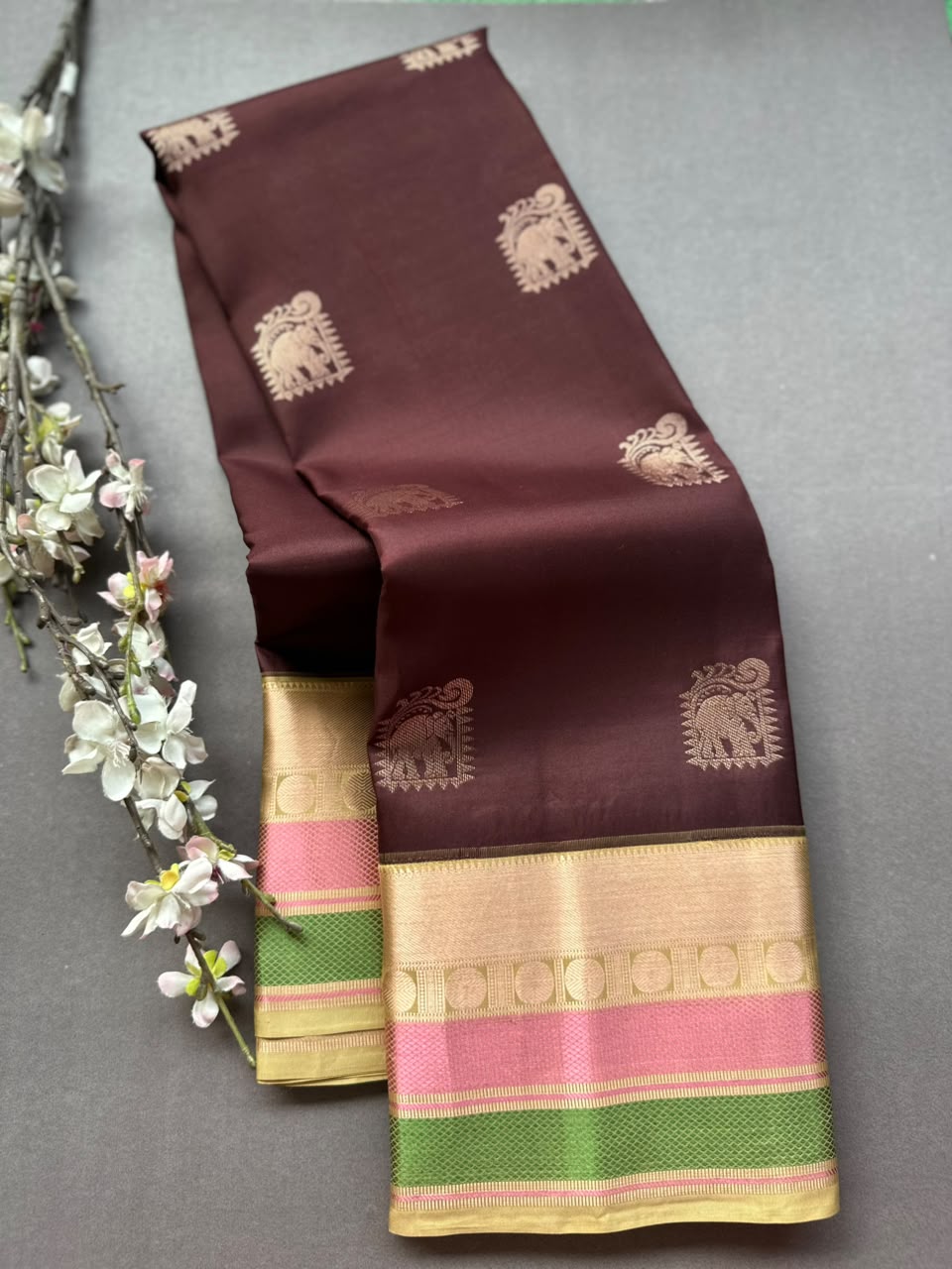 Brown Pure Kanchi Silk Saree (Weaving Mistake)