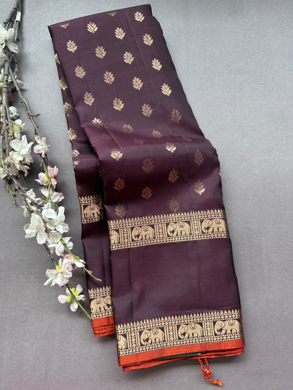 Brown Pure Kanchi Silk Saree (Weaving Mistake)