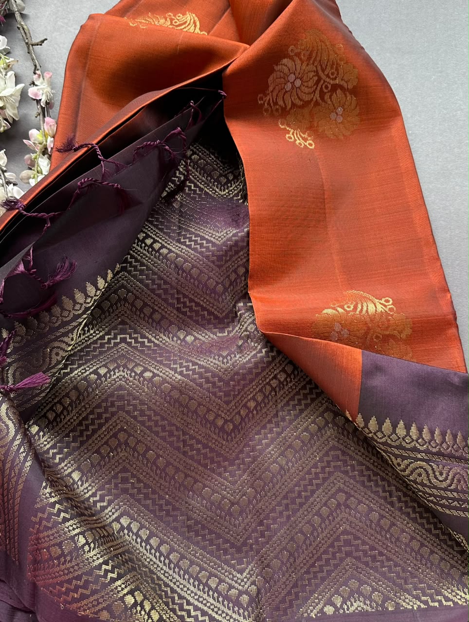 Rust Pure Kanchi Silk Saree (Weaving Mistake)