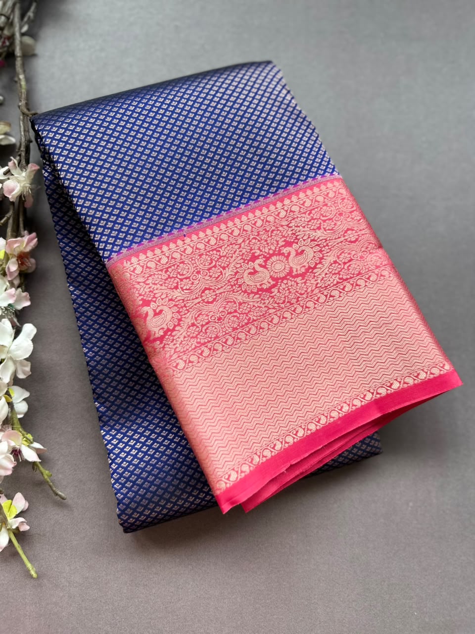 Navy Blue Pure Kanchi Silk Saree (Weaving Mistake)