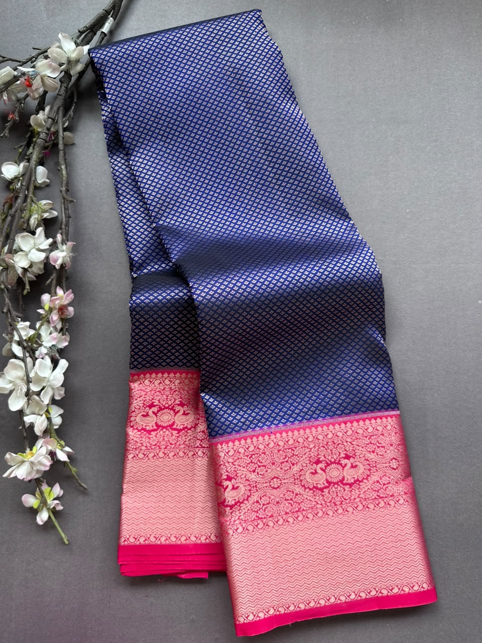 Navy Blue Pure Kanchi Silk Saree (Weaving Mistake)