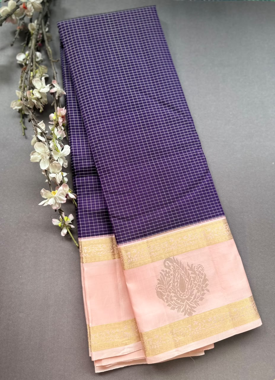 Purple Checks Pure Kanchi Silk Saree (Weaving Mistake)