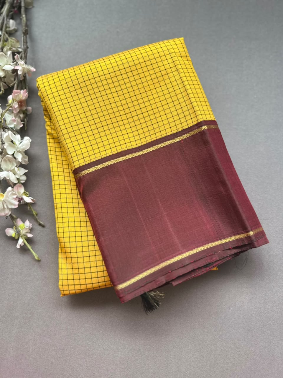 Yellow Checks Pure Kanchi Silk Saree (Weaving Mistake)