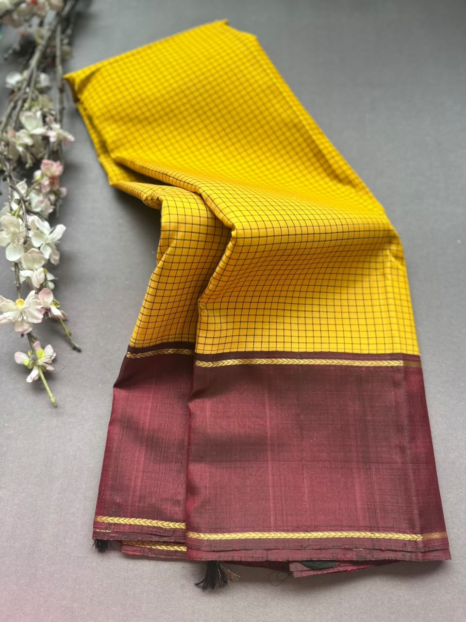 Yellow Checks Pure Kanchi Silk Saree (Weaving Mistake)