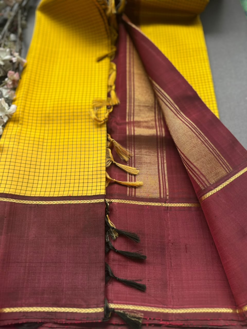 Yellow Checks Pure Kanchi Silk Saree (Weaving Mistake)