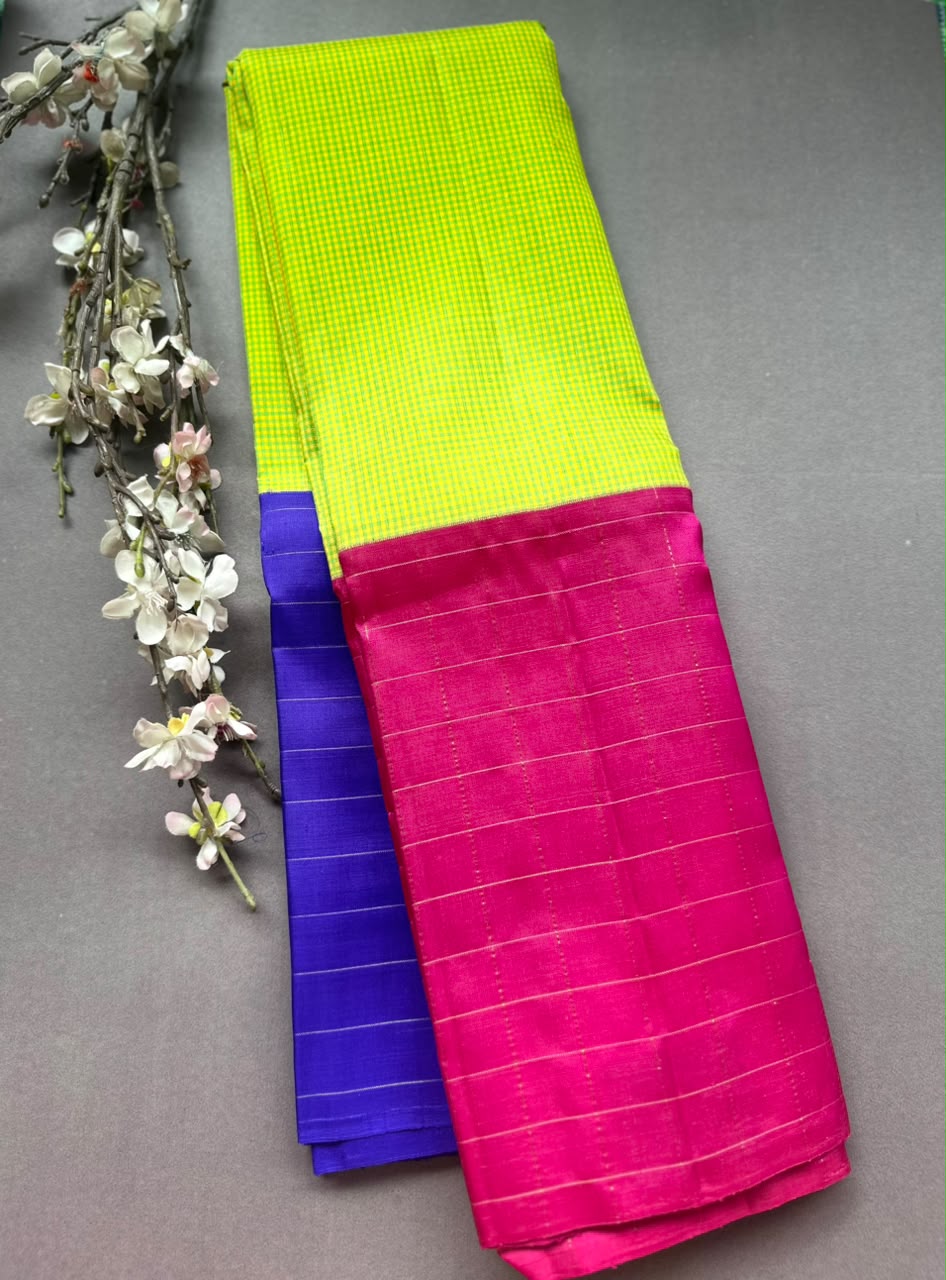 Pink Checks Pure Kanchi Silk Saree (Weaving Mistake)
