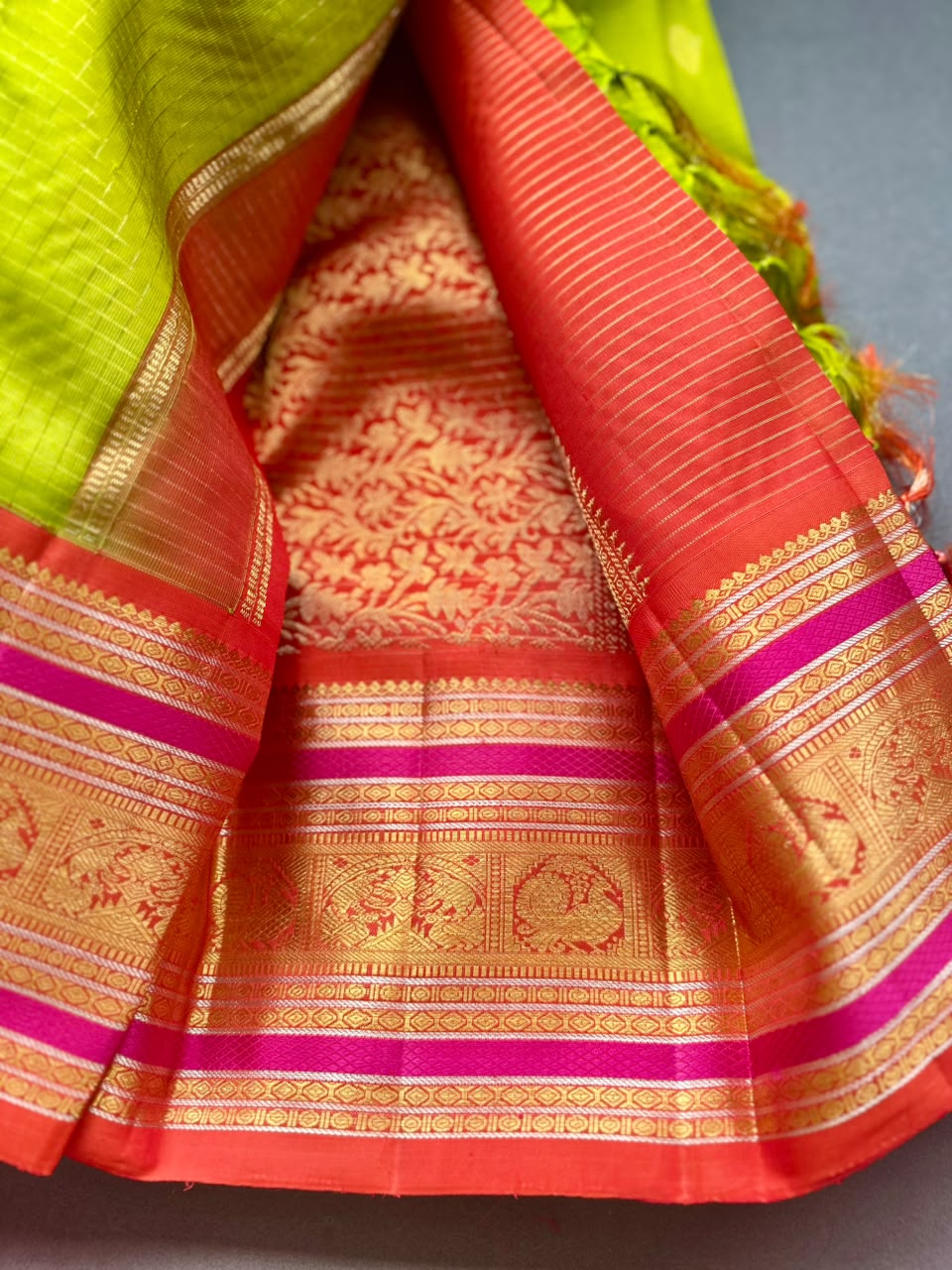 Green Checks Pure Kanchi Silk Saree (Weaving Mistake)