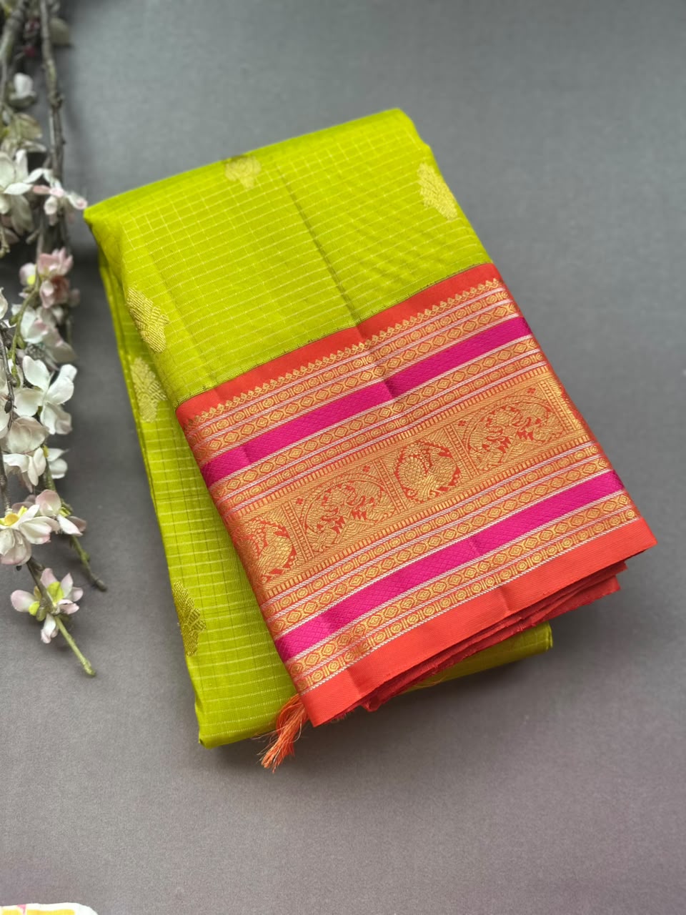 Green Checks Pure Kanchi Silk Saree (Weaving Mistake)