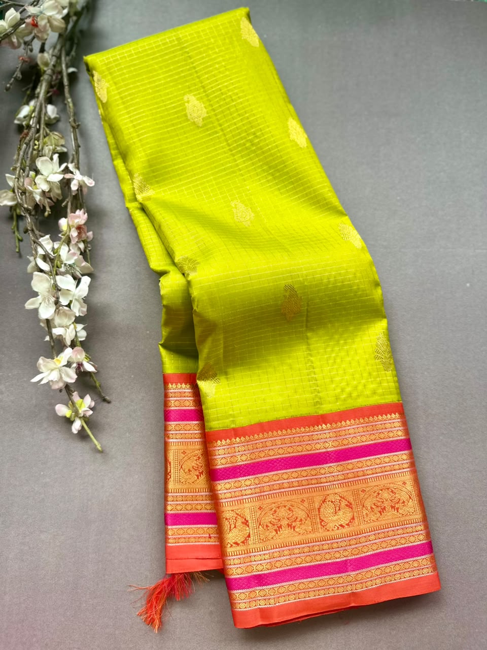 Green Checks Pure Kanchi Silk Saree (Weaving Mistake)