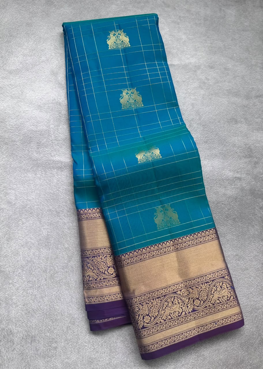 Blue Pure Kanchi Silk Saree (Weaving Mistake)