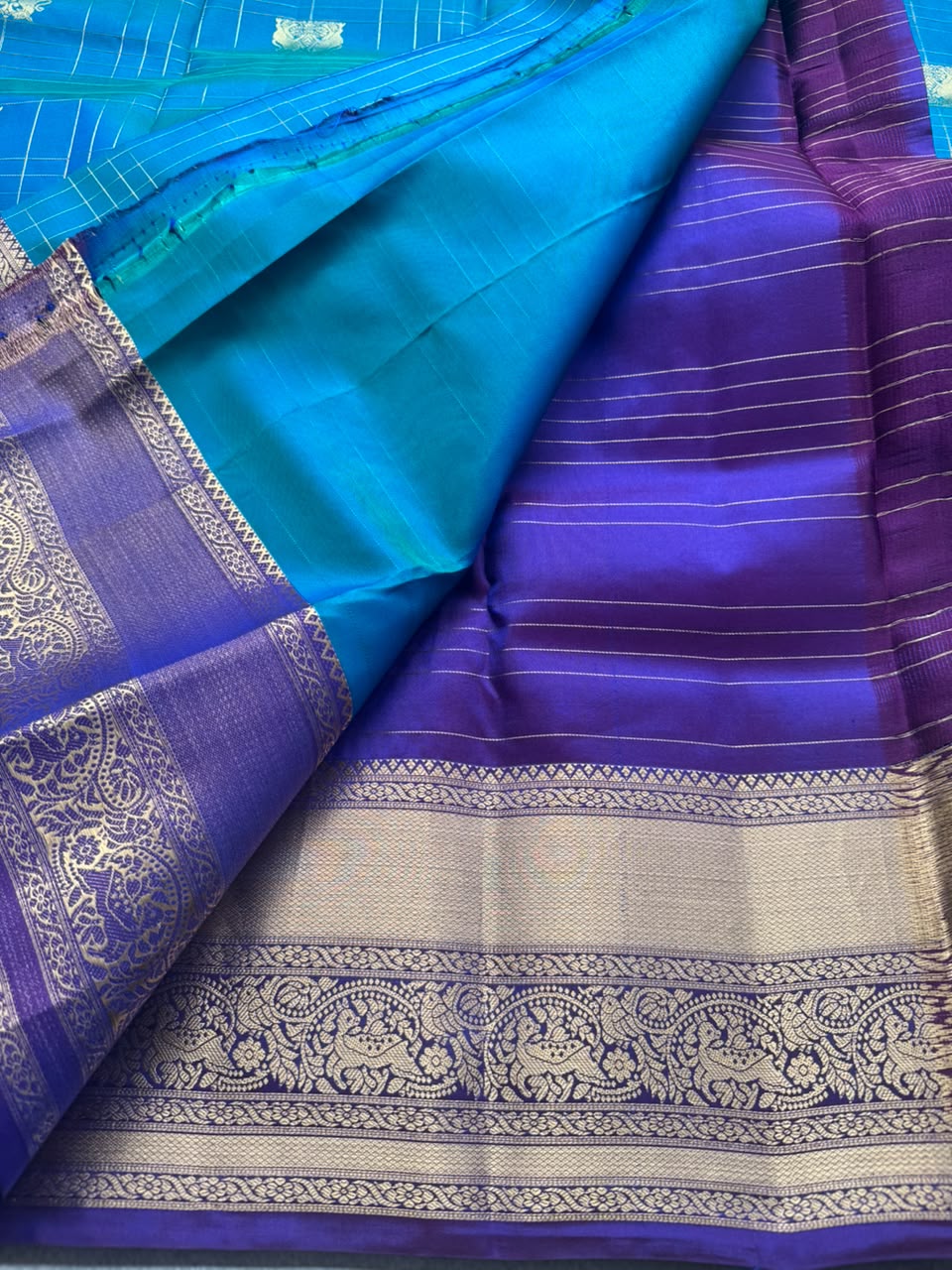 Blue Pure Kanchi Silk Saree (Weaving Mistake)