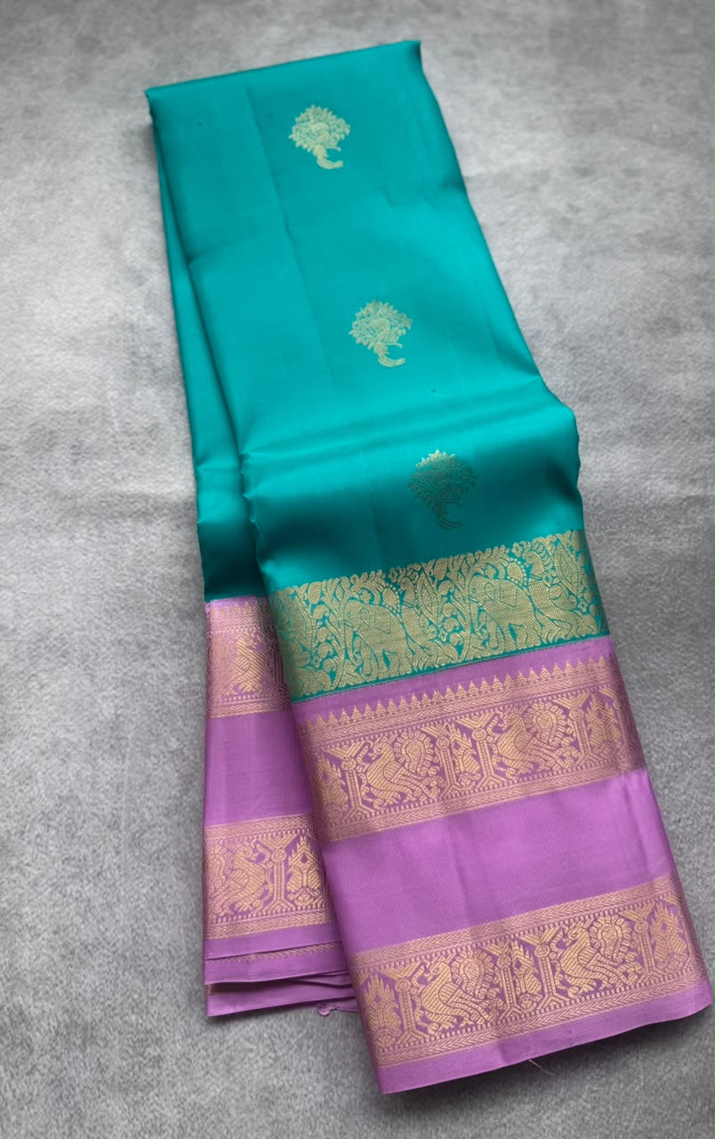 Teal Pure Kanchi Silk Saree (Weaving Mistake)