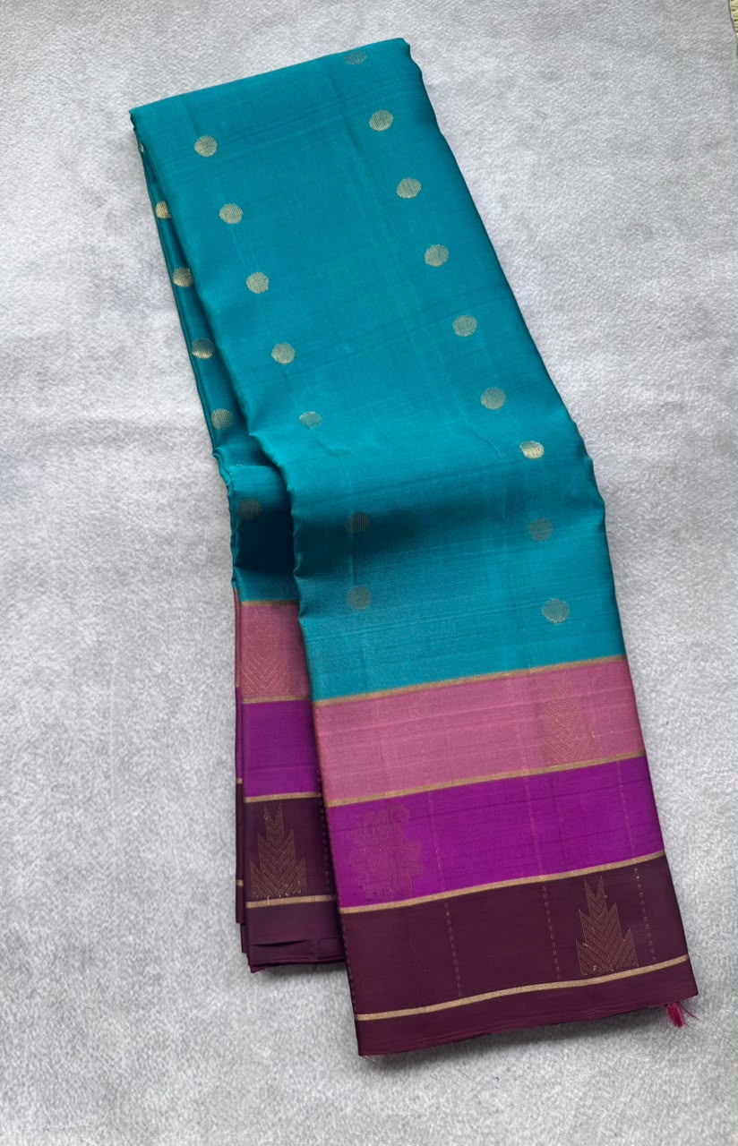 Peacock Blue Pure Kanchi Silk Saree (Weaving Mistake)