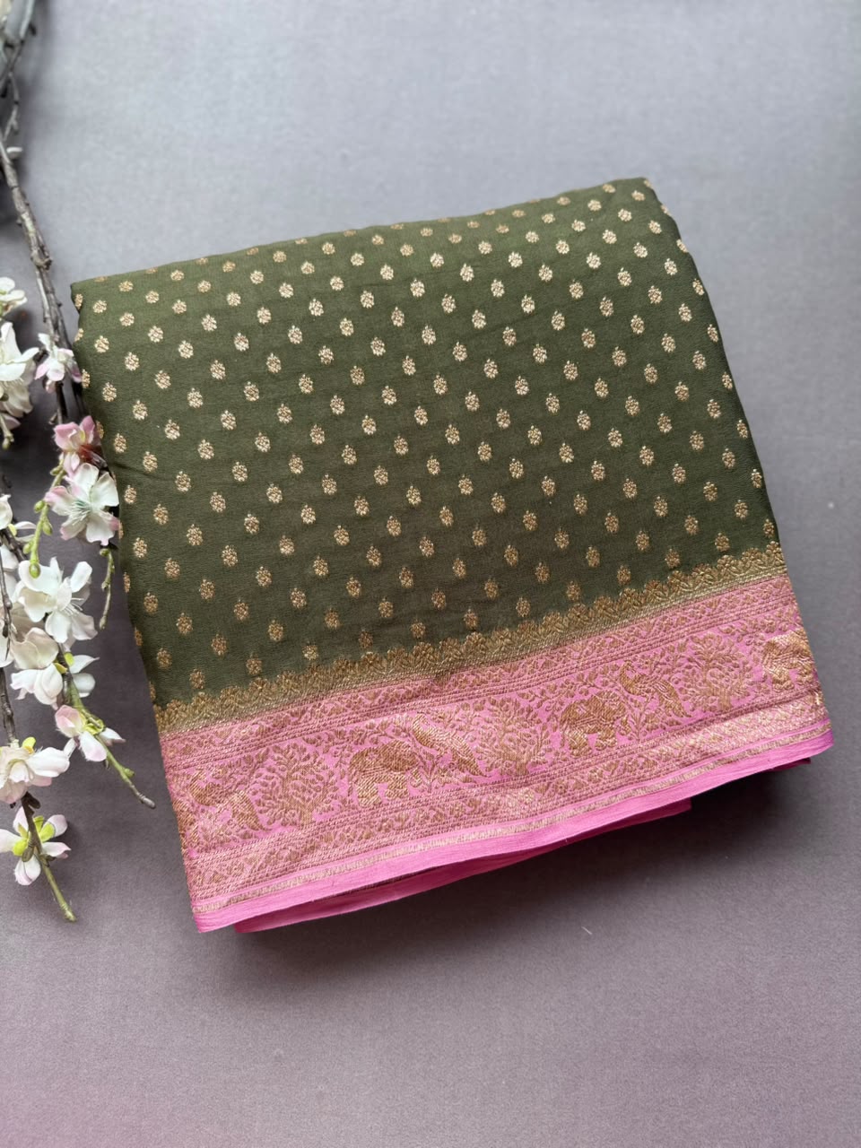 Olive Pure Benarasi Crepe Saree BCS107