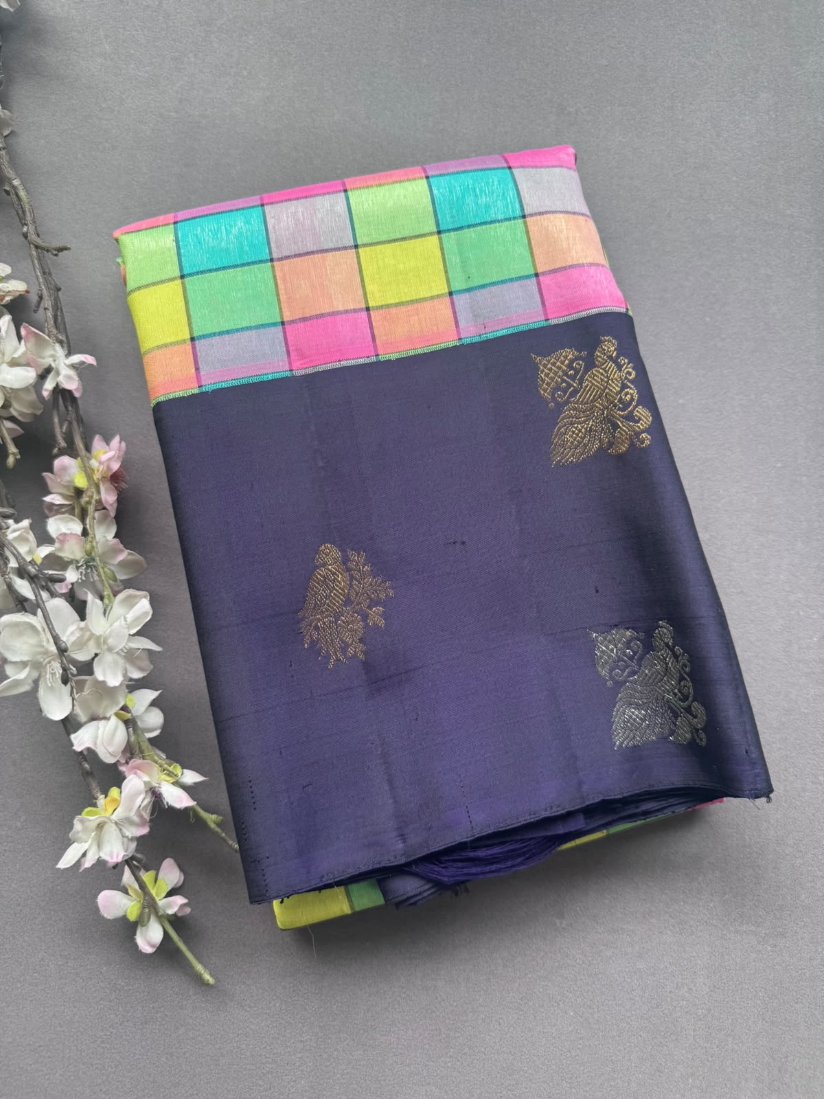 Navy Blue Pure Kanchi Silk Saree (Weaving Mistake)