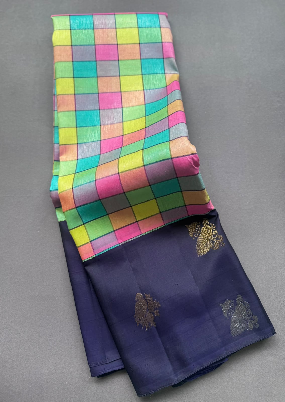 Navy Blue Pure Kanchi Silk Saree (Weaving Mistake)