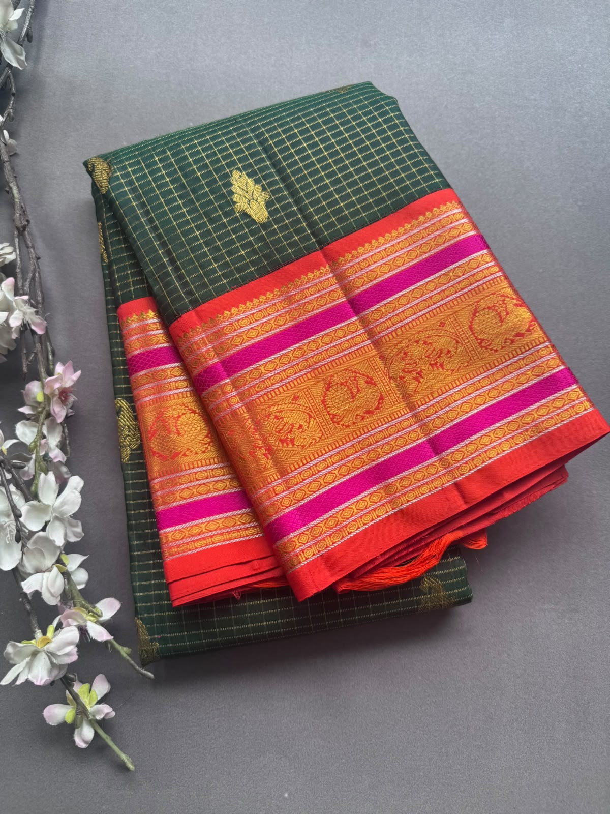 Bottle Green Checks Pure Kanchi Silk Saree (Weaving Mistake)