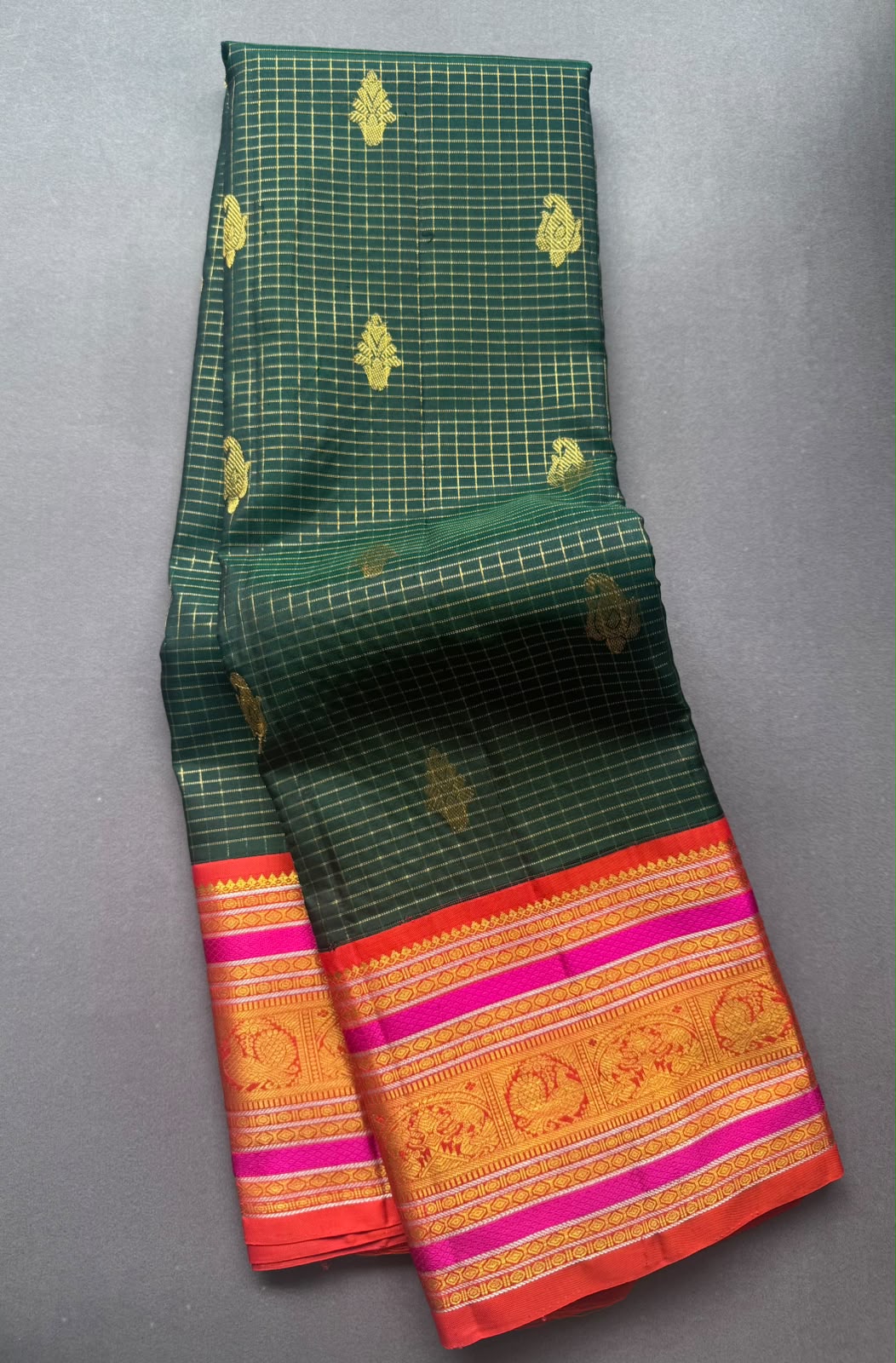 Bottle Green Checks Pure Kanchi Silk Saree (Weaving Mistake)