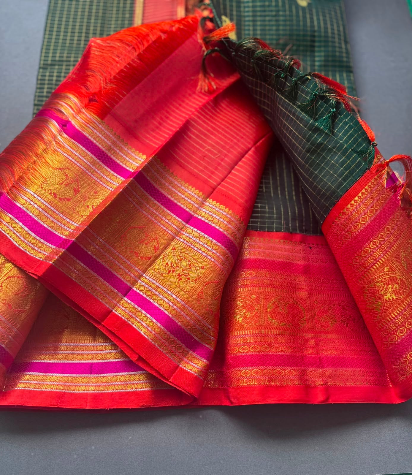 Bottle Green Checks Pure Kanchi Silk Saree (Weaving Mistake)