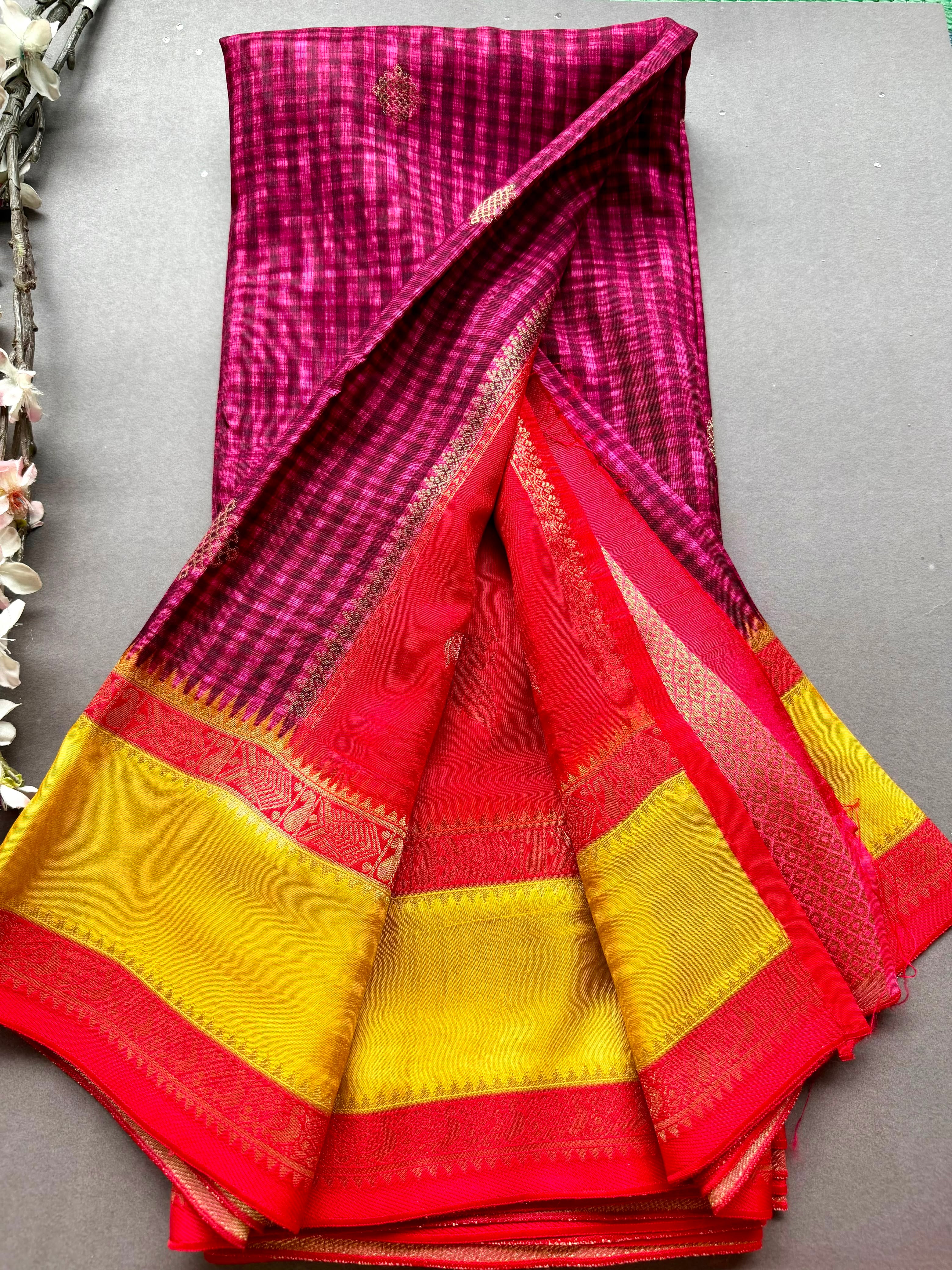 Magenta Checks Semi Dola Crepe Saree 107