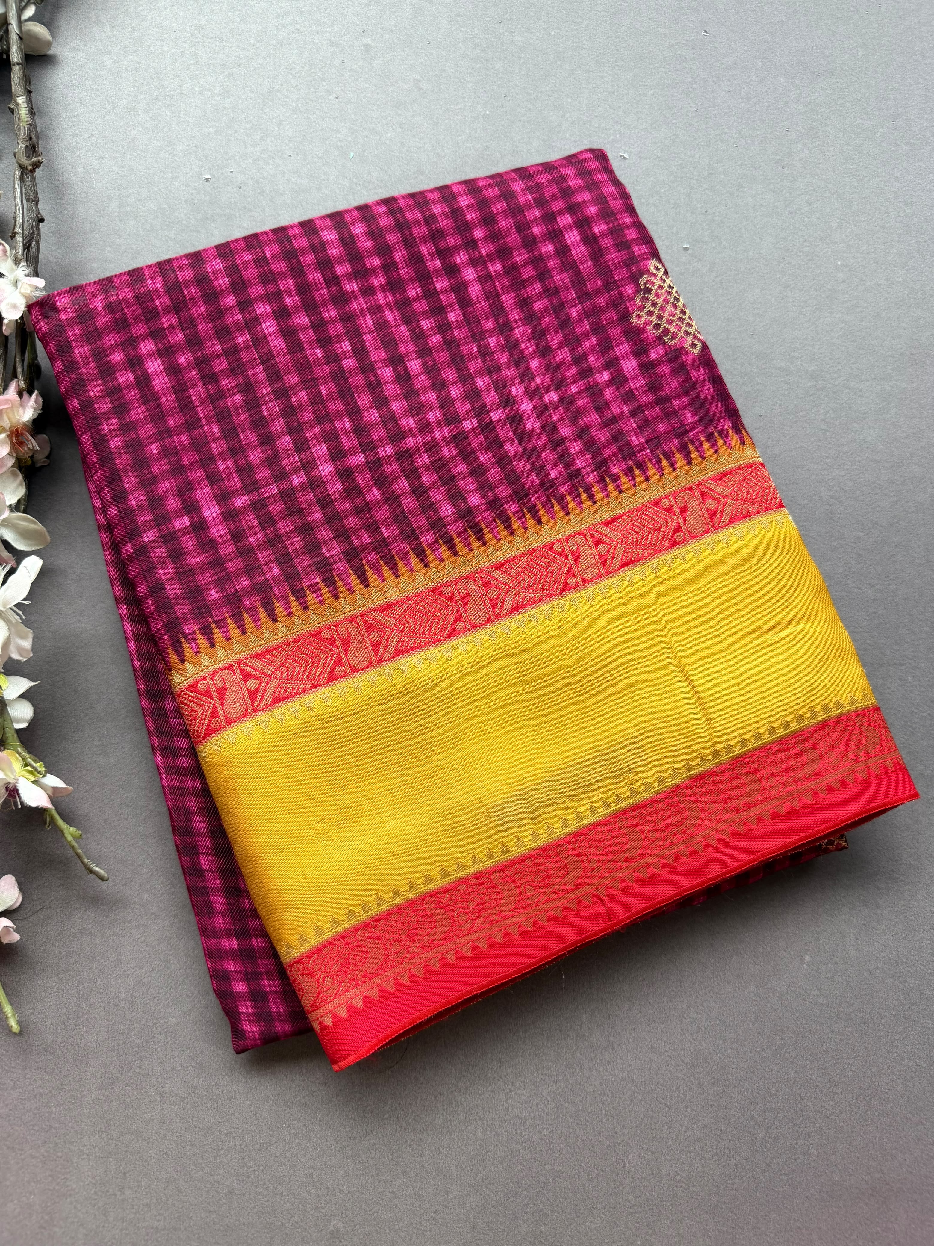 Magenta Checks Semi Dola Crepe Saree 107