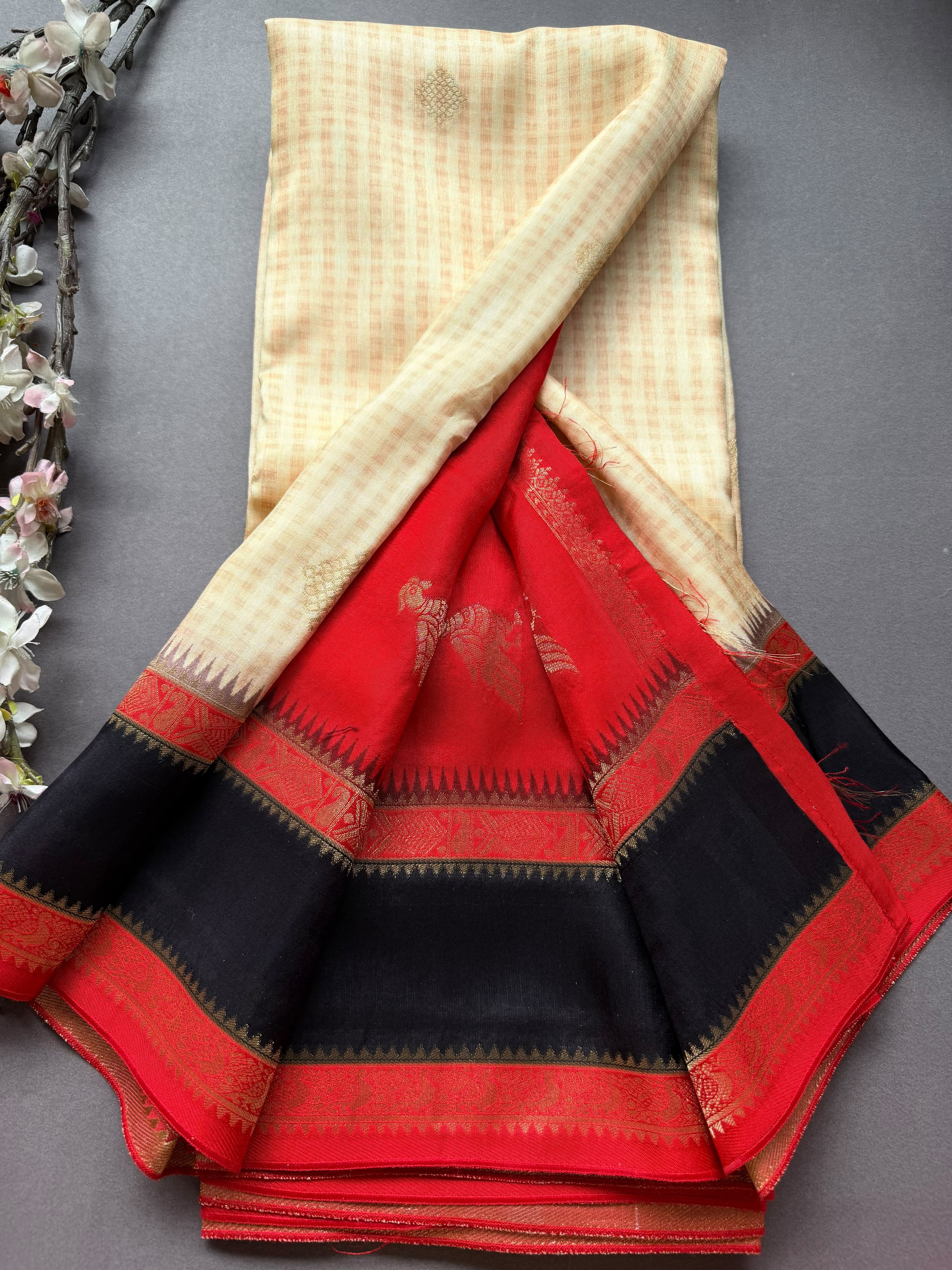 Cream Checks Semi Dola Crepe Saree 107