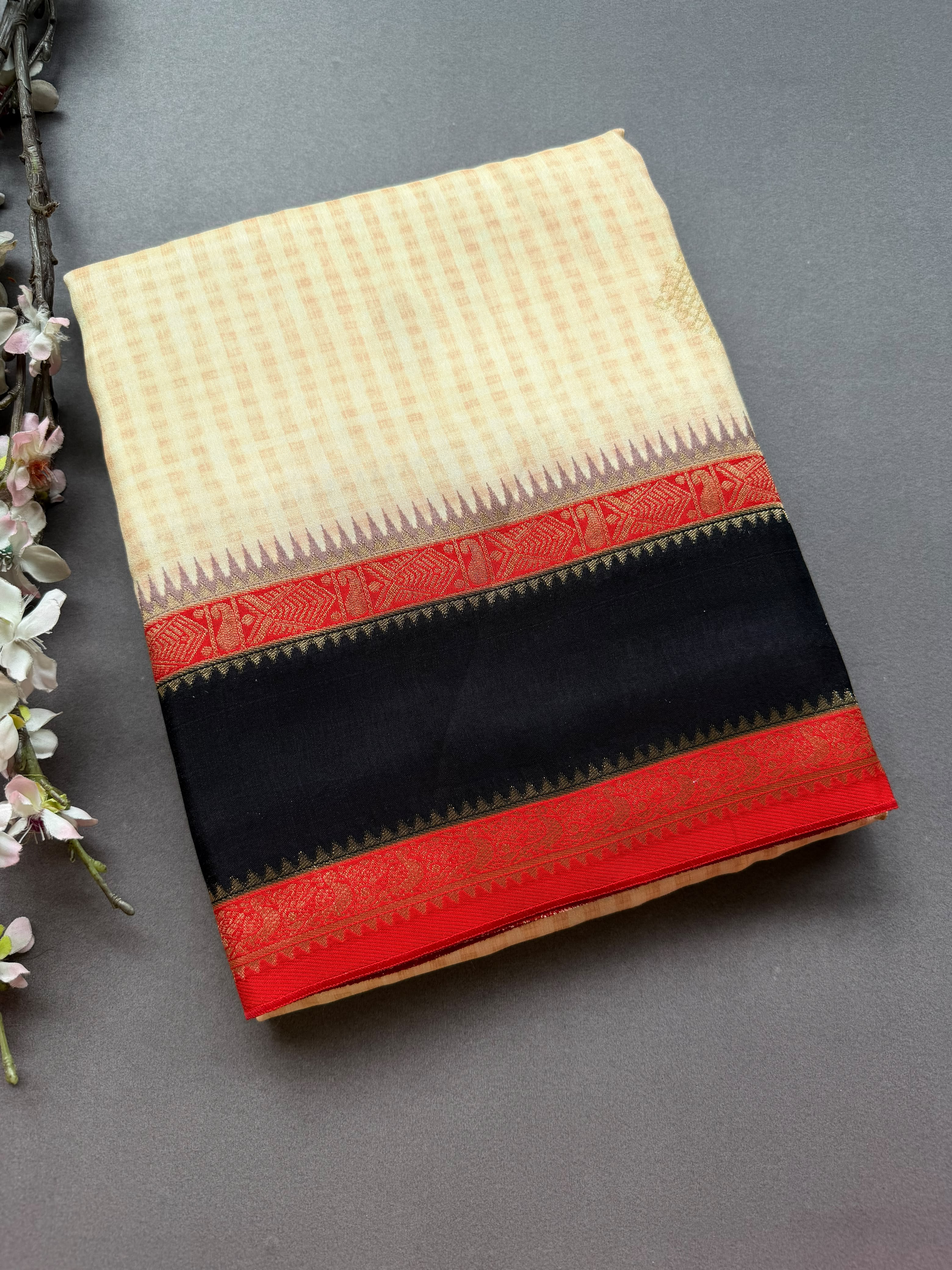 Cream Checks Semi Dola Crepe Saree 107