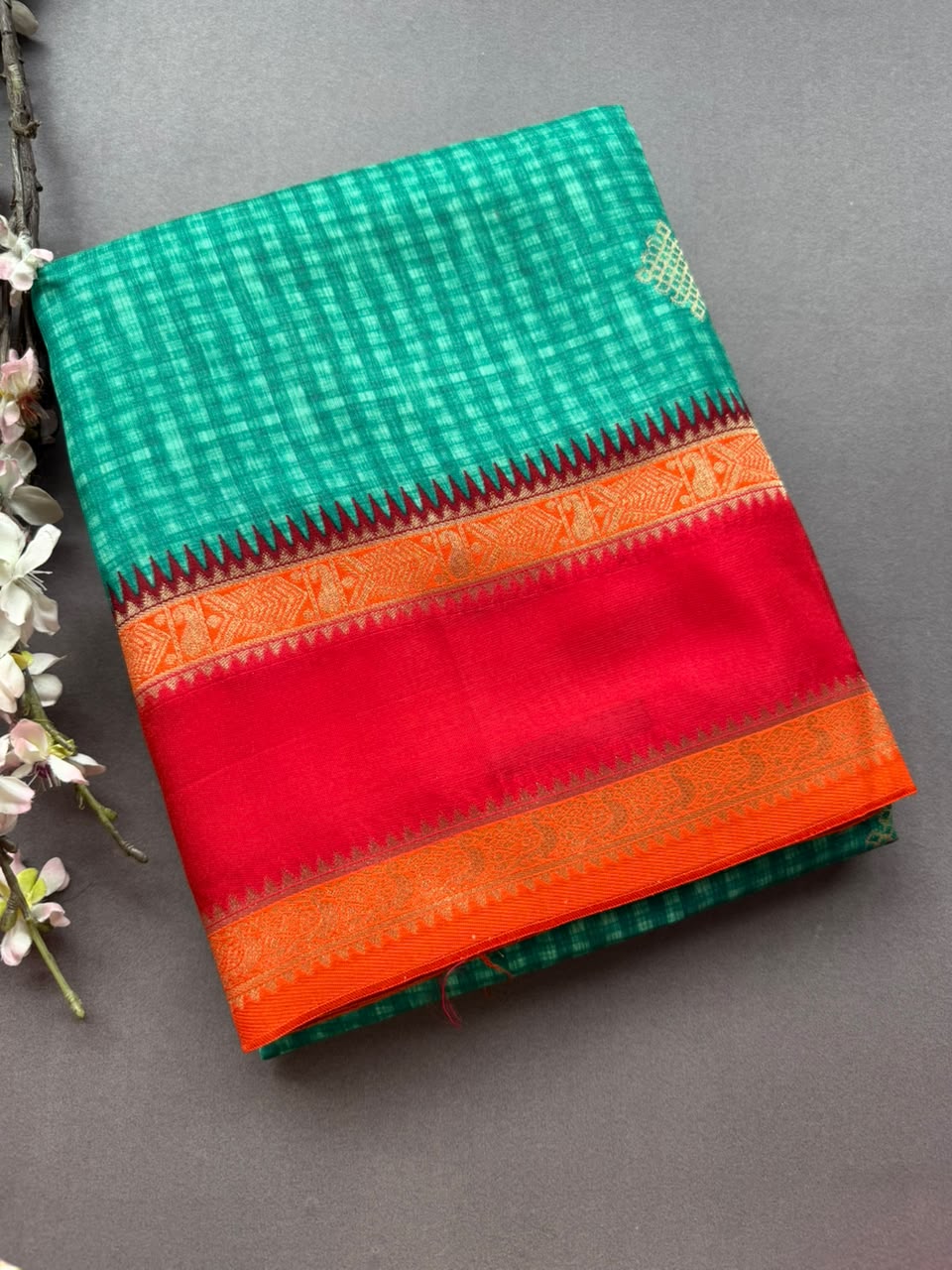 Green Checks Semi Dola Crepe Saree 107