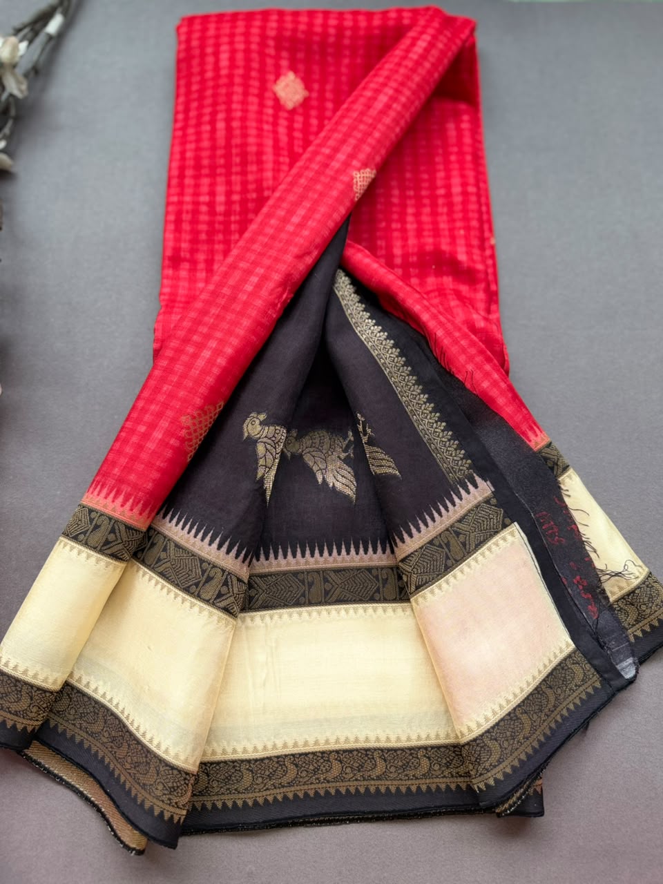 Red Checks Semi Dola Crepe Saree 107