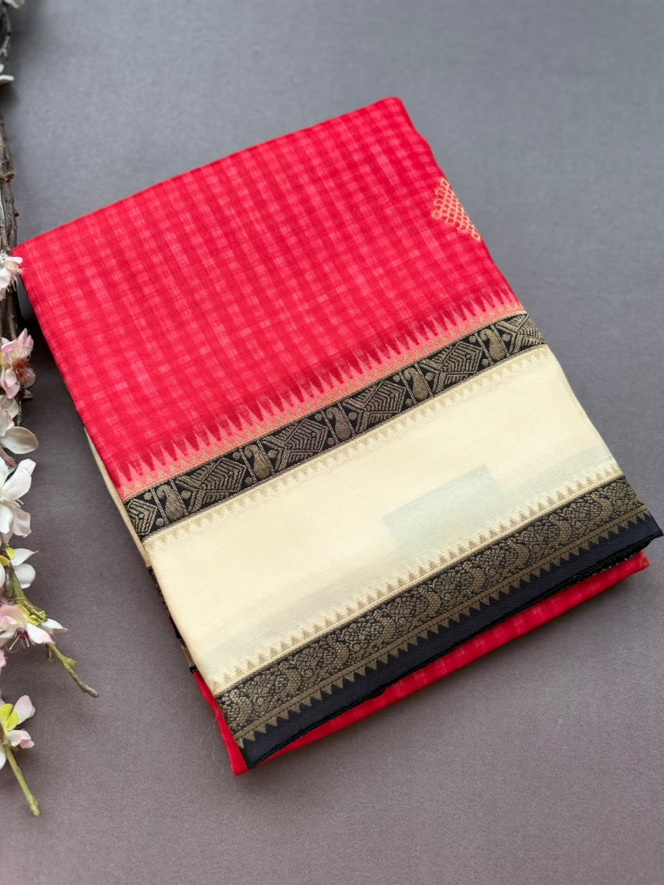 Red Checks Semi Dola Crepe Saree 107