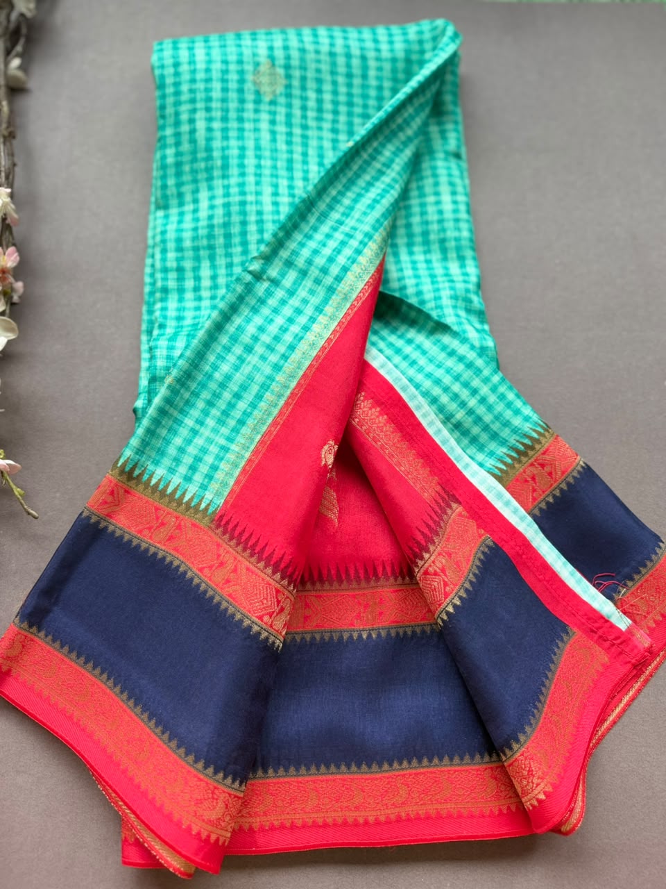 Green Checks Semi Dola Crepe Saree 107