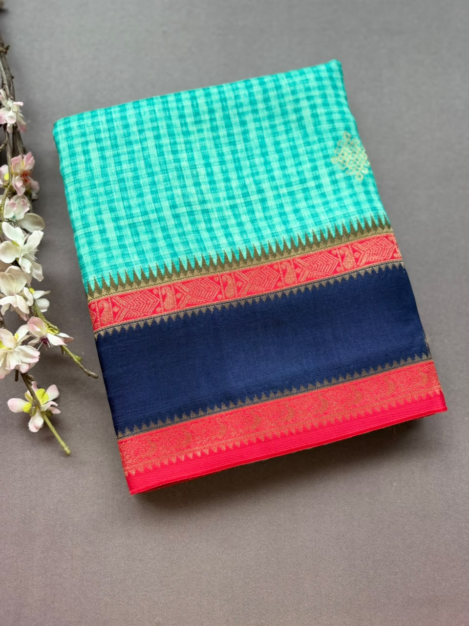 Green Checks Semi Dola Crepe Saree 107